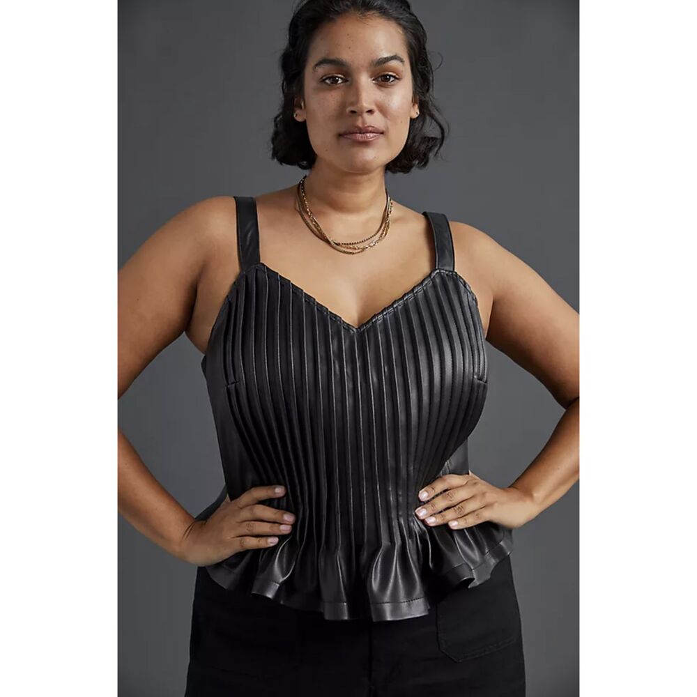 Anthropologie Let Me Be Faux Leather Pintuck Peplum Cami Black Tank Top XL NWT